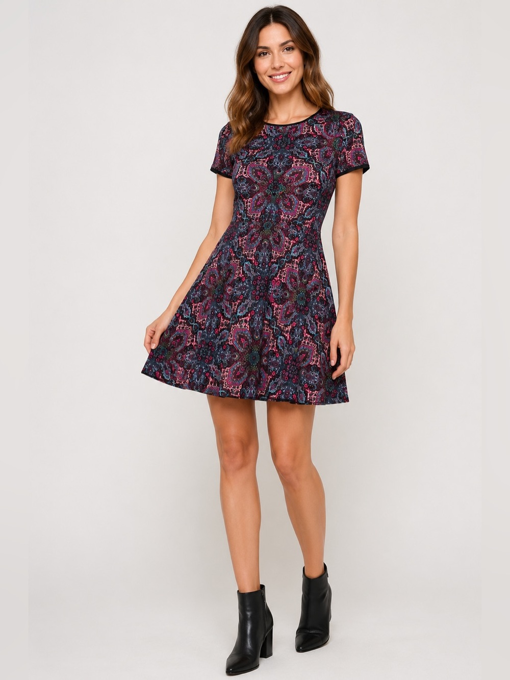 Adorne Paisley Fit & Flare Skater Dress Size 6 Short Sleeve Stretch